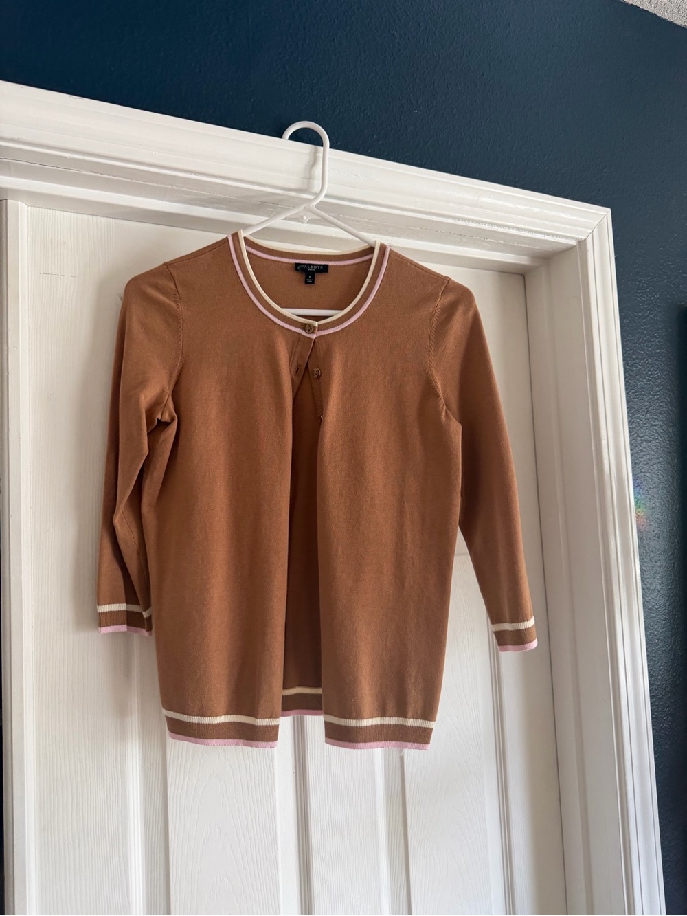 Talbots Camel Cardigan with Pink and Cream Trim